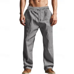 Sale OUKU Men's Linen Pants Trousers Summer Pants Beach Pants Pocket Drawstring Elastic Waist Plain Comfort Breathable Vacation Daily Holiday Hawaiian Boho Black White