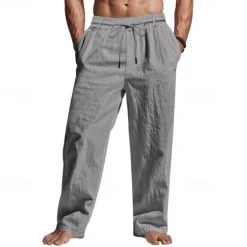 Sale OUKU Men's Linen Pants Trousers Summer Pants Beach Pants Pocket Drawstring Elastic Waist Plain Comfort Breathable Vacation Daily Holiday Hawaiian Boho Black White