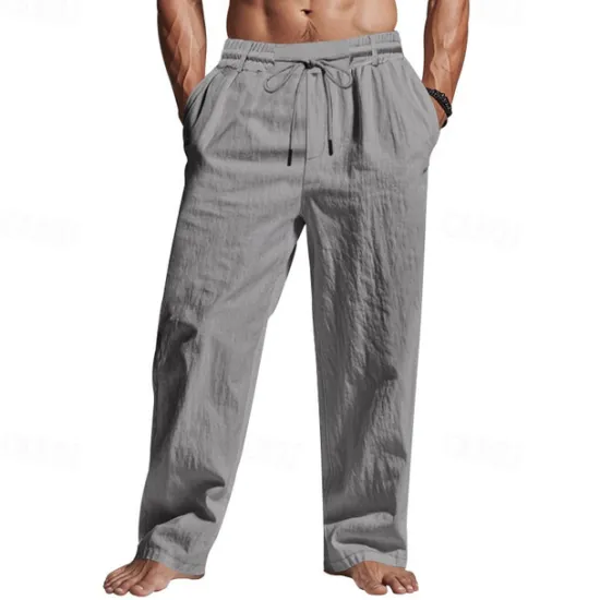 Sale OUKU Men's Linen Pants Trousers Summer Pants Beach Pants Pocket Drawstring Elastic Waist Plain Comfort Breathable Vacation Daily Holiday Hawaiian Boho Black White