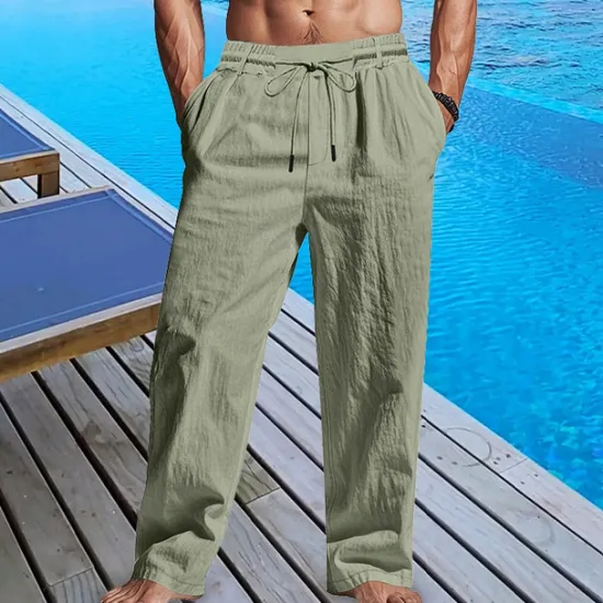 Sale OUKU Men's Linen Pants Trousers Summer Pants Beach Pants Pocket Drawstring Elastic Waist Plain Comfort Breathable Vacation Daily Holiday Hawaiian Boho Black White