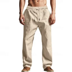 Sale OUKU Men's Linen Pants Trousers Summer Pants Beach Pants Pocket Drawstring Elastic Waist Plain Comfort Breathable Vacation Daily Holiday Hawaiian Boho Black White