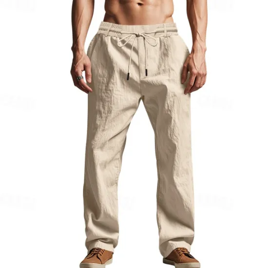Sale OUKU Men's Linen Pants Trousers Summer Pants Beach Pants Pocket Drawstring Elastic Waist Plain Comfort Breathable Vacation Daily Holiday Hawaiian Boho Black White