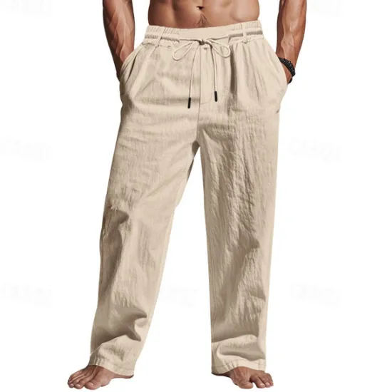 Sale OUKU Men's Linen Pants Trousers Summer Pants Beach Pants Pocket Drawstring Elastic Waist Plain Comfort Breathable Vacation Daily Holiday Hawaiian Boho Black White
