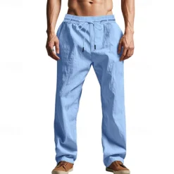 Sale OUKU Men's Linen Pants Trousers Summer Pants Beach Pants Pocket Drawstring Elastic Waist Plain Comfort Breathable Vacation Daily Holiday Hawaiian Boho Black White