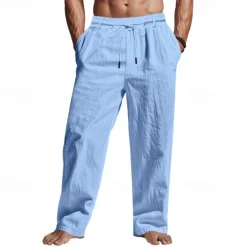Sale OUKU Men's Linen Pants Trousers Summer Pants Beach Pants Pocket Drawstring Elastic Waist Plain Comfort Breathable Vacation Daily Holiday Hawaiian Boho Black White