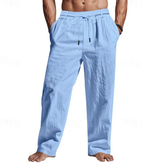 Sale OUKU Men's Linen Pants Trousers Summer Pants Beach Pants Pocket Drawstring Elastic Waist Plain Comfort Breathable Vacation Daily Holiday Hawaiian Boho Black White