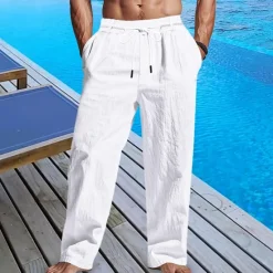 Sale OUKU Men's Linen Pants Trousers Summer Pants Beach Pants Pocket Drawstring Elastic Waist Plain Comfort Breathable Vacation Daily Holiday Hawaiian Boho Black White