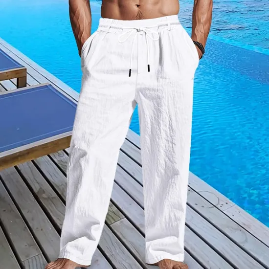 Sale OUKU Men's Linen Pants Trousers Summer Pants Beach Pants Pocket Drawstring Elastic Waist Plain Comfort Breathable Vacation Daily Holiday Hawaiian Boho Black White