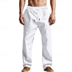 Sale OUKU Men's Linen Pants Trousers Summer Pants Beach Pants Pocket Drawstring Elastic Waist Plain Comfort Breathable Vacation Daily Holiday Hawaiian Boho Black White