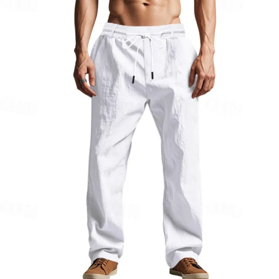 Sale OUKU Men's Linen Pants Trousers Summer Pants Beach Pants Pocket Drawstring Elastic Waist Plain Comfort Breathable Vacation Daily Holiday Hawaiian Boho Black White