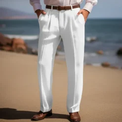 Best OUKU Men's Linen Pants Trousers Summer Pants Front Pocket Pleats Straight Leg Plain Comfort Breathable Casual Daily Holiday Fashion Basic Black White