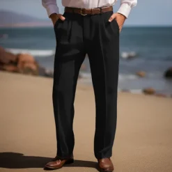 Best OUKU Men's Linen Pants Trousers Summer Pants Front Pocket Pleats Straight Leg Plain Comfort Breathable Casual Daily Holiday Fashion Basic Black White