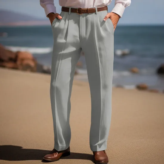 Best OUKU Men's Linen Pants Trousers Summer Pants Front Pocket Pleats Straight Leg Plain Comfort Breathable Casual Daily Holiday Fashion Basic Black White