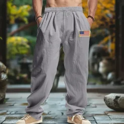Best OUKU Men's Linen Pants Trousers Summer Pants Baggy Pants Beach Pants Drawstring Elastic Waist Straight Leg Plain Comfort Breathable Full Length Outdoor Casual Daily Fashion Retro Vintage Black Navy Blue