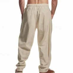 Best OUKU Men's Linen Pants Trousers Summer Pants Baggy Pants Beach Pants Drawstring Elastic Waist Straight Leg Plain Comfort Breathable Full Length Outdoor Casual Daily Fashion Retro Vintage Black Navy Blue