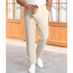 Clearance OUKU Men's Linen Pants Trousers Summer Pants Beach Pants Pocket Drawstring Elastic Waist Plain Comfort Breathable Vacation Daily Holiday Hawaiian Boho Beige