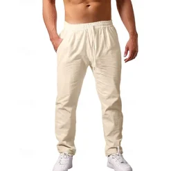 Clearance OUKU Men's Linen Pants Trousers Summer Pants Beach Pants Pocket Drawstring Elastic Waist Plain Comfort Breathable Vacation Daily Holiday Hawaiian Boho Beige