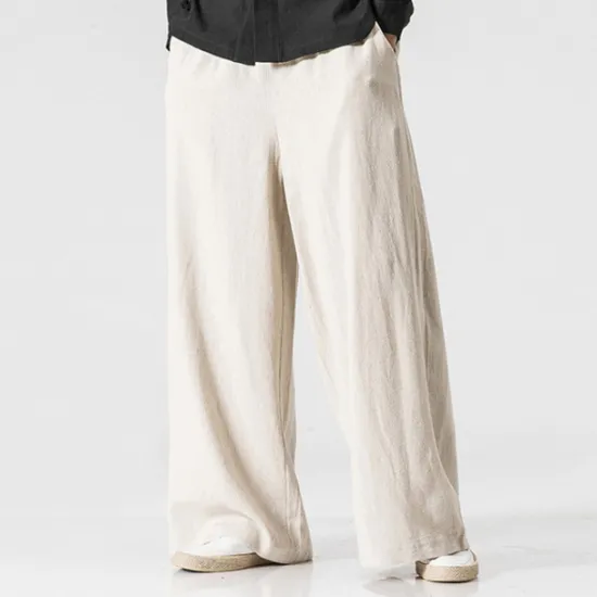 Best OUKU Men's Linen Pants Trousers Summer Pants Beach Pants Wide Leg Flowy Plain Comfort Breathable Full Length Yoga Casual Holiday Fashion Streetwear Loose Fit Black Navy Blue