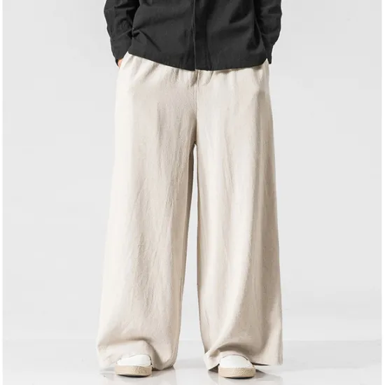 Best OUKU Men's Linen Pants Trousers Summer Pants Beach Pants Wide Leg Flowy Plain Comfort Breathable Full Length Yoga Casual Holiday Fashion Streetwear Loose Fit Black Navy Blue