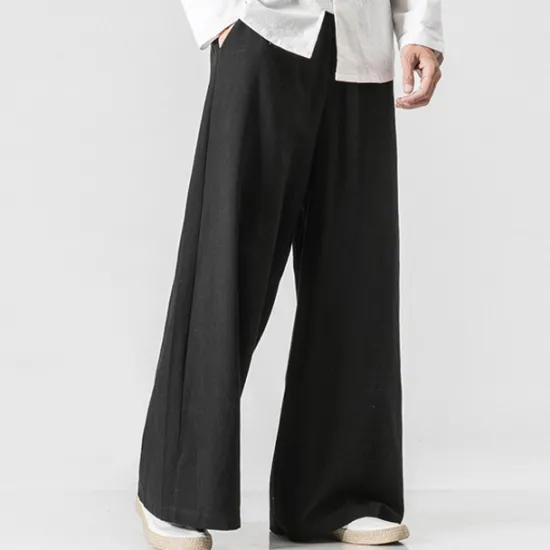 Best OUKU Men's Linen Pants Trousers Summer Pants Beach Pants Wide Leg Flowy Plain Comfort Breathable Full Length Yoga Casual Holiday Fashion Streetwear Loose Fit Black Navy Blue