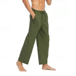 Discount OUKU Men's Linen Pants Trousers Summer Pants Beach Pants Pocket Drawstring Elastic Waist Plain Comfort Breathable Daily Holiday Vacation Hawaiian Boho Black White