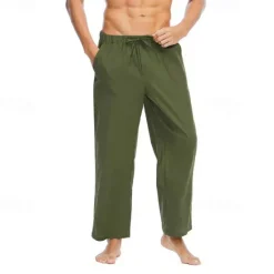 Discount OUKU Men's Linen Pants Trousers Summer Pants Beach Pants Pocket Drawstring Elastic Waist Plain Comfort Breathable Daily Holiday Vacation Hawaiian Boho Black White