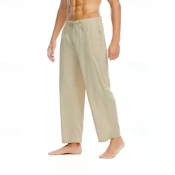Discount OUKU Men's Linen Pants Trousers Summer Pants Beach Pants Pocket Drawstring Elastic Waist Plain Comfort Breathable Daily Holiday Vacation Hawaiian Boho Black White