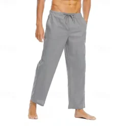 Discount OUKU Men's Linen Pants Trousers Summer Pants Beach Pants Pocket Drawstring Elastic Waist Plain Comfort Breathable Daily Holiday Vacation Hawaiian Boho Black White