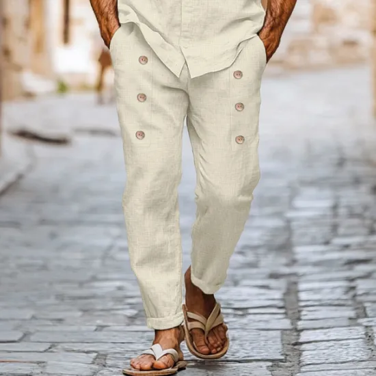 Sale OUKU Men's Linen Pants Trousers Summer Pants Buttons Front Pocket Pleats Plain Comfort Breathable Full Length Casual Daily Streetwear Ethnic Style Retro Vintage Black White