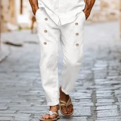 Sale OUKU Men's Linen Pants Trousers Summer Pants Buttons Front Pocket Pleats Plain Comfort Breathable Full Length Casual Daily Streetwear Ethnic Style Retro Vintage Black White
