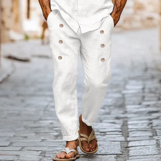 Sale OUKU Men's Linen Pants Trousers Summer Pants Buttons Front Pocket Pleats Plain Comfort Breathable Full Length Casual Daily Streetwear Ethnic Style Retro Vintage Black White