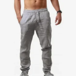 Clearance OUKU Men's Linen Pants Trousers Summer Pants Beach Pants Drawstring Plain Comfort Breathable Full Length Yoga Casual Weekend Streetwear Slim Black White Micro-elastic