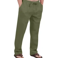 Hot OUKU Men's Linen Pants Trousers Summer Pants Drawstring Elastic Waist Front Pocket Plain Comfort Soft Casual Daily Cotton Blend Fashion Classic Gray Green White
