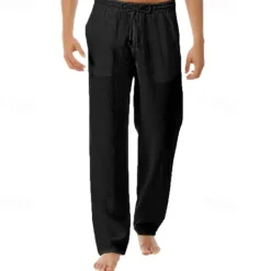 Online OUKU Men's Linen Pants Trousers Summer Pants Pocket Drawstring Elastic Waist Plain Comfort Breathable Vacation Daily Holiday Fashion Classic Style Black White Micro-elastic