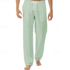 Online OUKU Men's Linen Pants Trousers Summer Pants Pocket Drawstring Elastic Waist Plain Comfort Breathable Vacation Daily Holiday Fashion Classic Style Black White Micro-elastic