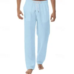 Online OUKU Men's Linen Pants Trousers Summer Pants Pocket Drawstring Elastic Waist Plain Comfort Breathable Vacation Daily Holiday Fashion Classic Style Black White Micro-elastic