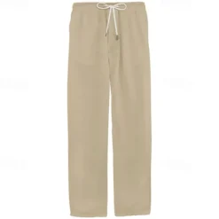 Online OUKU Men's Linen Pants Trousers Summer Pants Pocket Drawstring Elastic Waist Plain Comfort Breathable Vacation Daily Holiday Fashion Classic Style Black White Micro-elastic