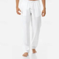 Online OUKU Men's Linen Pants Trousers Summer Pants Pocket Drawstring Elastic Waist Plain Comfort Breathable Vacation Daily Holiday Fashion Classic Style Black White Micro-elastic