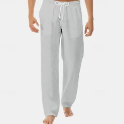 Online OUKU Men's Linen Pants Trousers Summer Pants Pocket Drawstring Elastic Waist Plain Comfort Breathable Vacation Daily Holiday Fashion Classic Style Black White Micro-elastic