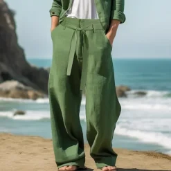 Discount OUKU Men's Linen Pants Trousers Summer Pants Drawstring Elastic Waist Straight Leg Plain Comfort Breathable Full Length Outdoor Daily Beach Fashion Streetwear Black White