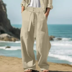 Discount OUKU Men's Linen Pants Trousers Summer Pants Drawstring Elastic Waist Straight Leg Plain Comfort Breathable Full Length Outdoor Daily Beach Fashion Streetwear Black White