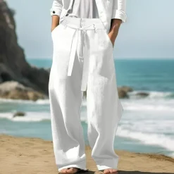 Discount OUKU Men's Linen Pants Trousers Summer Pants Drawstring Elastic Waist Straight Leg Plain Comfort Breathable Full Length Outdoor Daily Beach Fashion Streetwear Black White