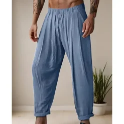 Online OUKU Men's Linen Pants Trousers Summer Pants Elastic Waist Straight Leg Solid Color Comfort Breathable Full Length Yoga Holiday Fashion Streetwear Blue Orange Inelastic