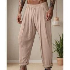 Online OUKU Men's Linen Pants Trousers Summer Pants Elastic Waist Straight Leg Solid Color Comfort Breathable Full Length Yoga Holiday Fashion Streetwear Blue Orange Inelastic