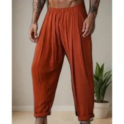 Online OUKU Men's Linen Pants Trousers Summer Pants Elastic Waist Straight Leg Solid Color Comfort Breathable Full Length Yoga Holiday Fashion Streetwear Blue Orange Inelastic
