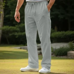 Online OUKU Men's Linen Pants Trousers Beach Pants Pocket Drawstring Plain Comfort Breathable Daily Stylish Hip Hop Black White Micro-elastic