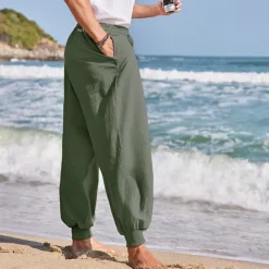 Best OUKU Men's Linen Pants Trousers Summer Pants Beach Pants Jogger Pants Drawstring Elastic Waist Plain Comfort Breathable Outdoor Daily Going out Linen / Cotton Blend Fashion Streetwear Black Blue Green