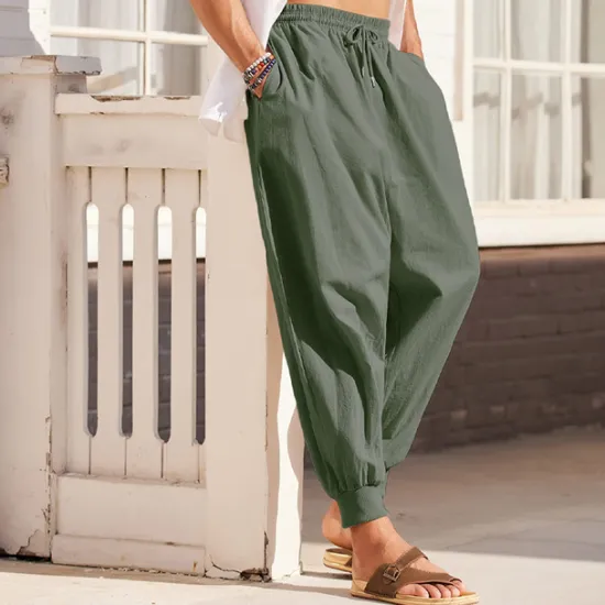 Best OUKU Men's Linen Pants Trousers Summer Pants Beach Pants Jogger Pants Drawstring Elastic Waist Plain Comfort Breathable Outdoor Daily Going out Linen / Cotton Blend Fashion Streetwear Black Blue Green