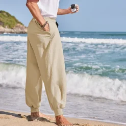 Best OUKU Men's Linen Pants Trousers Summer Pants Beach Pants Jogger Pants Drawstring Elastic Waist Plain Comfort Breathable Outdoor Daily Going out Linen / Cotton Blend Fashion Streetwear Black Blue Green