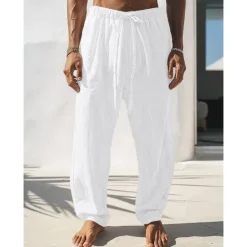 Best OUKU Men's Linen Pants Trousers Summer Pants Front Pocket Straight Leg Plain Comfort Breathable Full Length Casual Daily Holiday Fashion Basic Black White